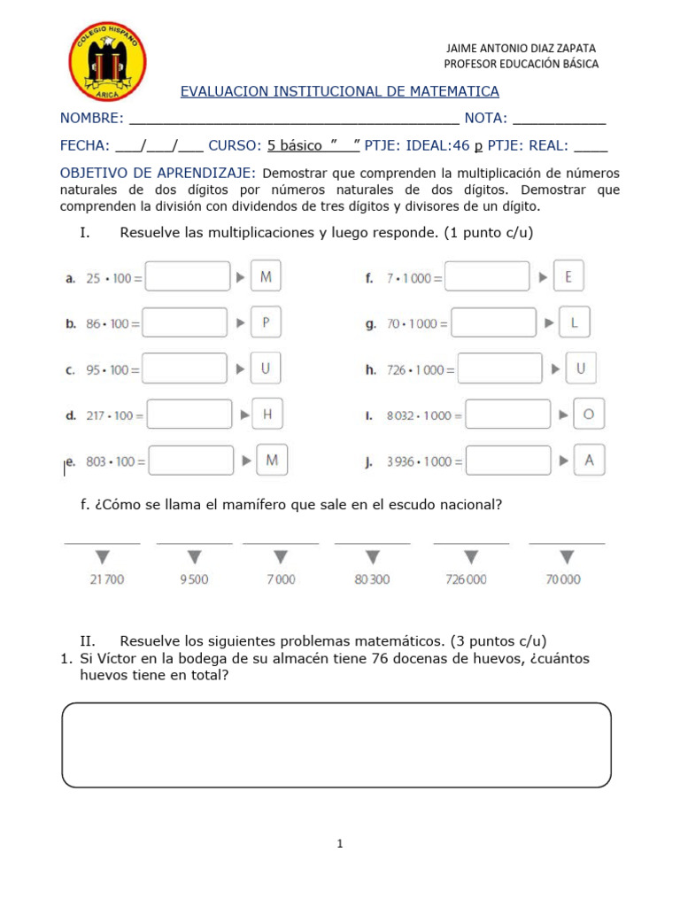Evaluacion sumativa de matematica 5 basico mulplicaci n y divisi n pdf
