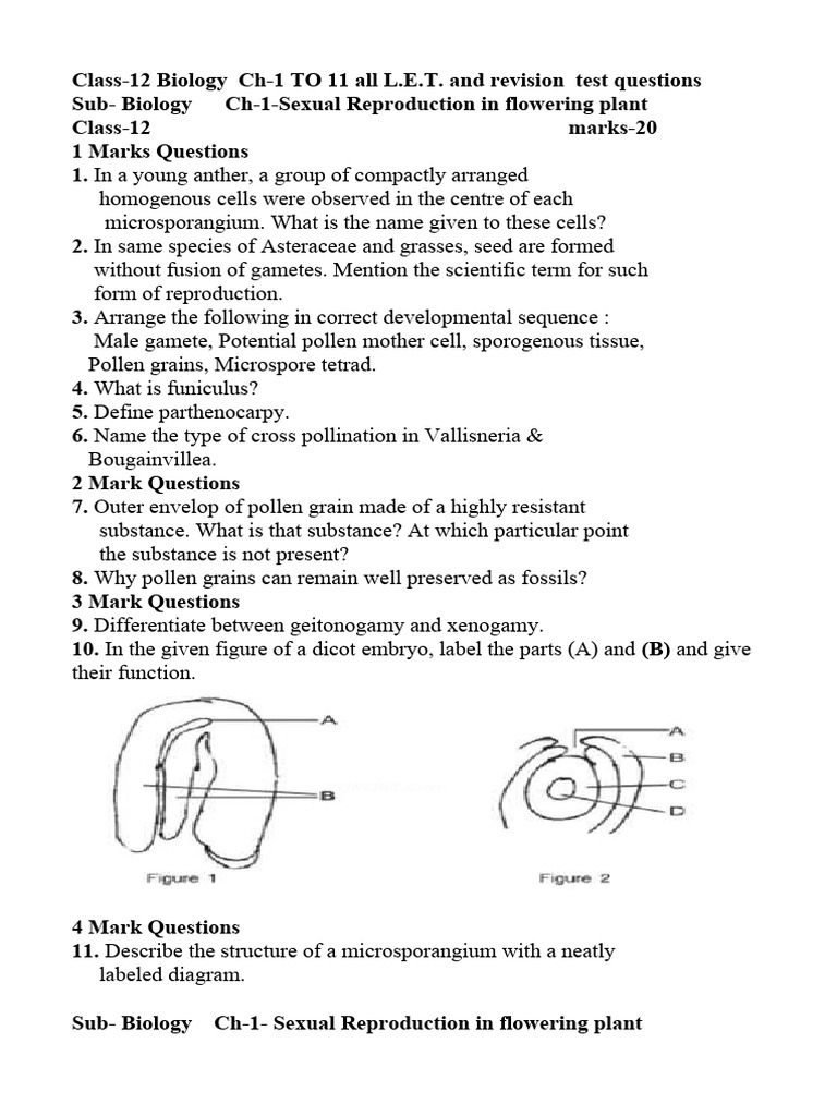 Class-12 Biology Ch-1 TO 11 All L.E.T. and Revision Test Questions ...