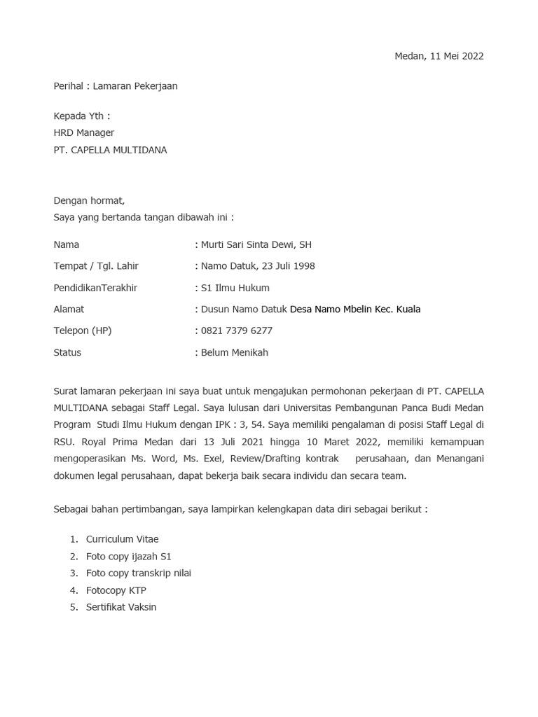 Surat Lamaran Kerja Murti Sari Sinta Dewi - PT Capella Multidana | PDF