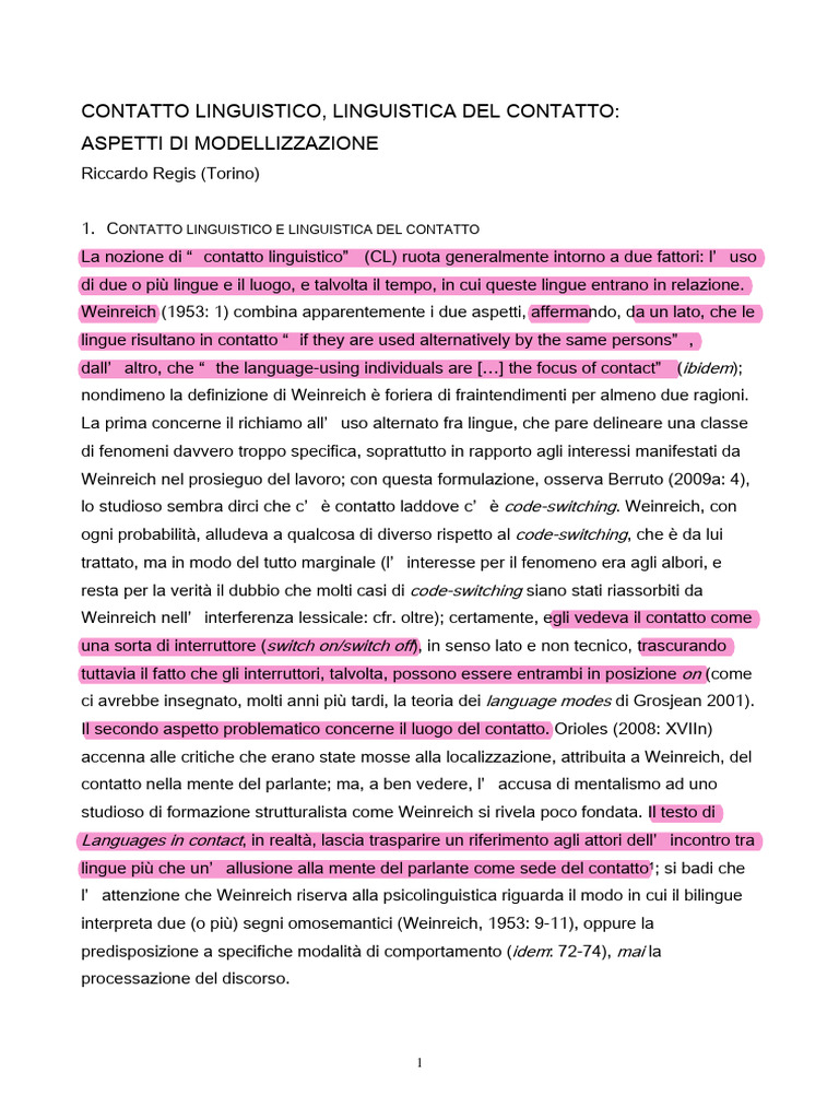Contatto Linguistico Linguistica Del Con PDF