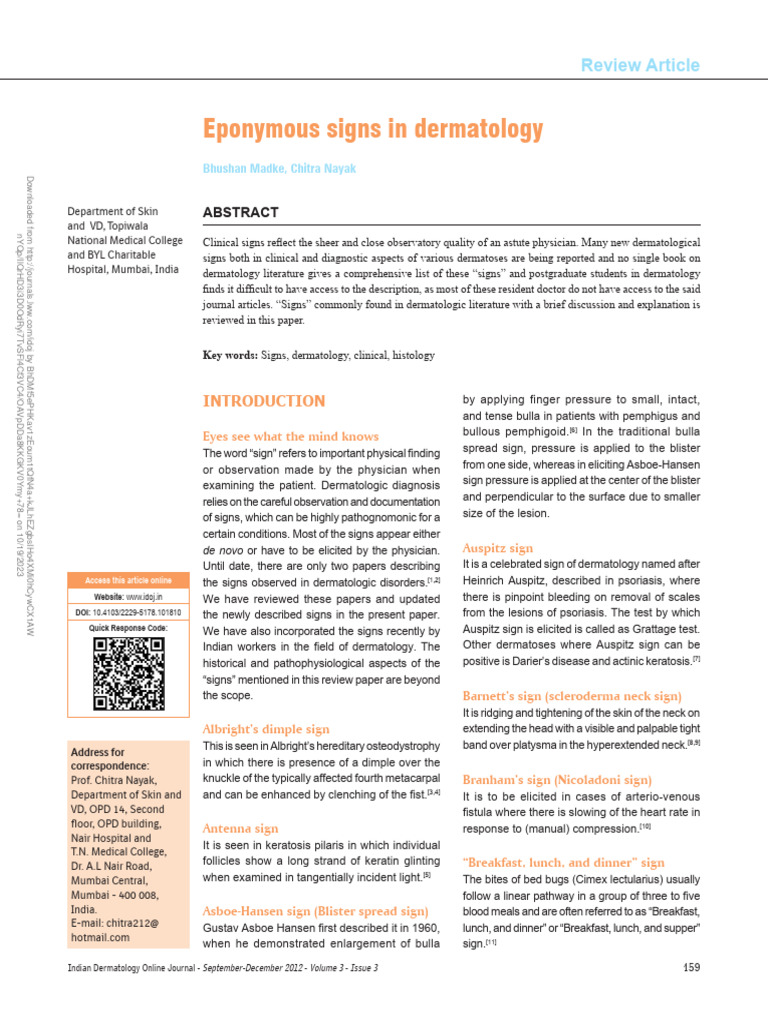 Eponymous Signs in Dermatology.1 PDF Medical Specialties Epidemiology