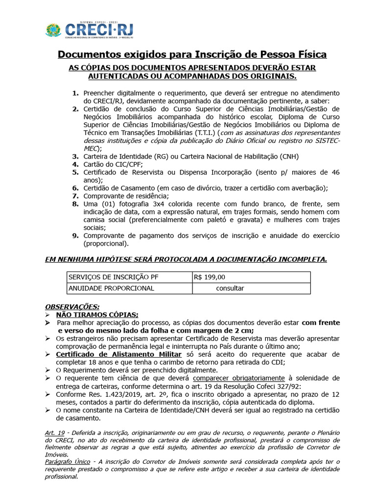 Documentos para Inscrição CRECI-RJ | PDF