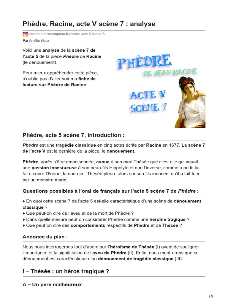 Phèdre. Acte 5 Scène 7 Commentaire | PDF