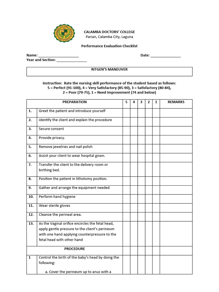 Ritgen Maneuver Performance Checklist | PDF | Childbirth | Uterus