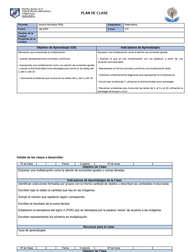 PLAN DE CLASES MATEMÁTICA. 2° Octubre | PDF