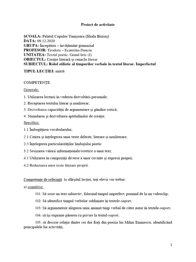 Proiect de Activitate - Imperfectul. Rolul Stilistic - Teodora Danciu | PDF