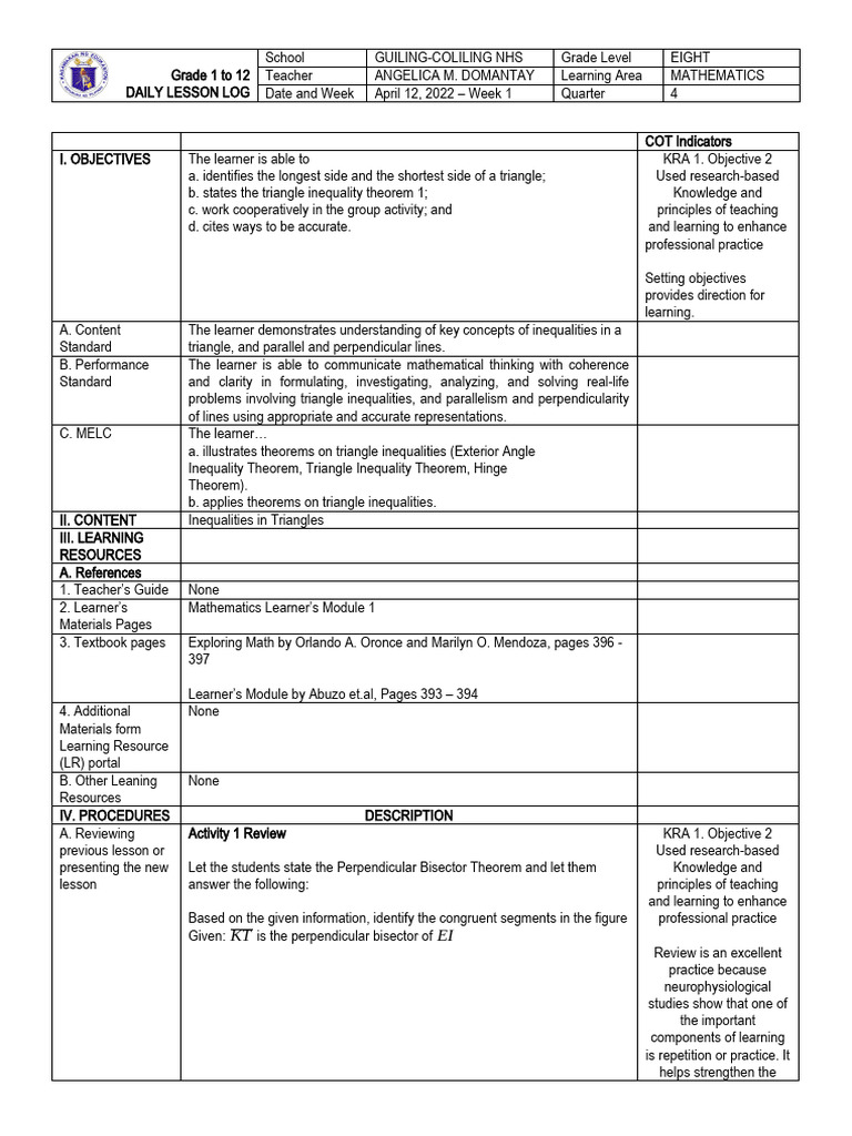 Grade 8 Math Lesson Plan: Triangles | PDF | Triangle | Learning