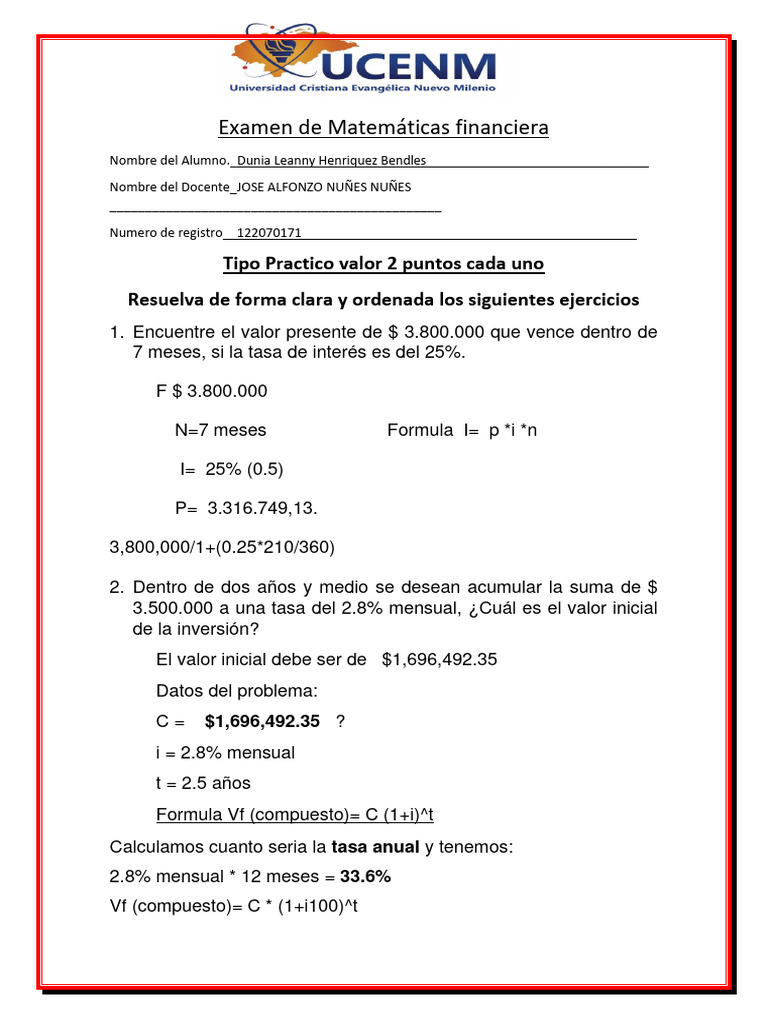 Examen de Matemáticas Financieras | PDF | Economias | Dinero