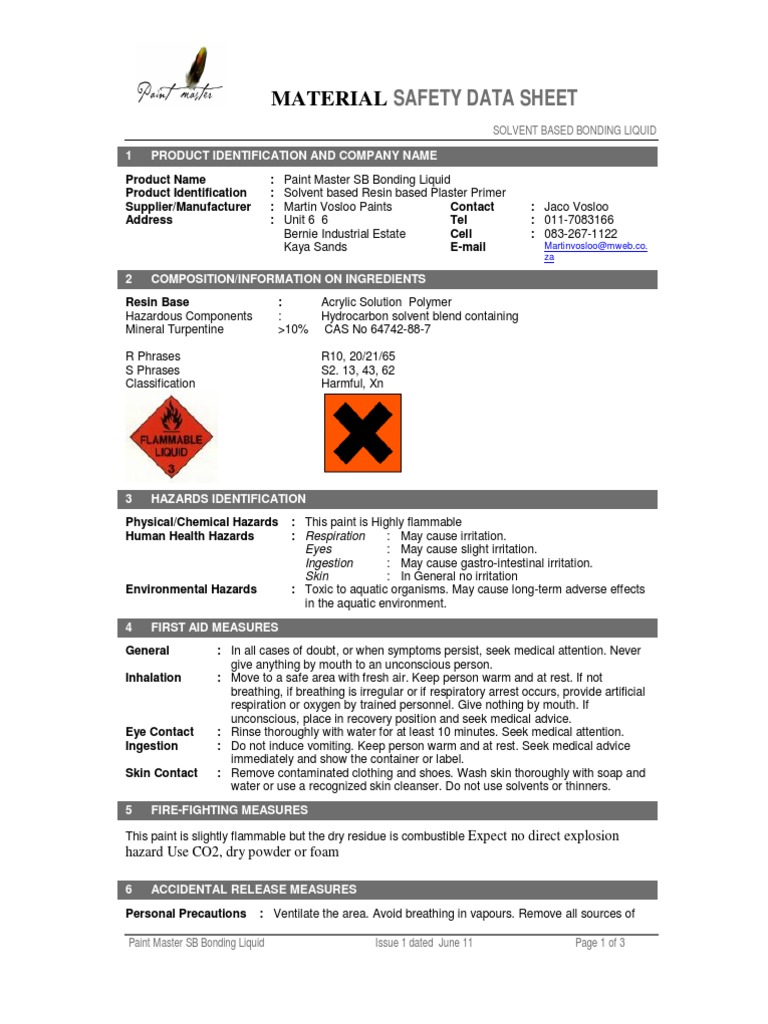Paint Master Bonding Liquid SDS PDF Paint Chemistry