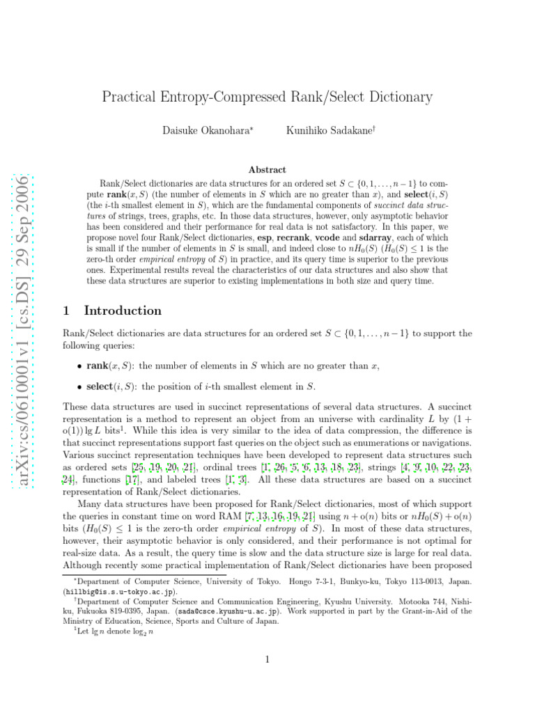 Practical entropy compressed rank select dictionary daisuke okanohara