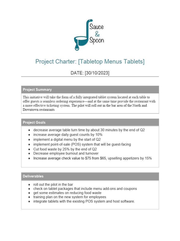 Sauce&Spoon Project Charter PDF