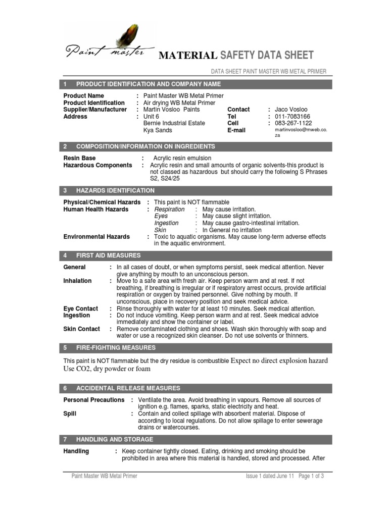 Paint Master WB Metal Primer SDS PDF Paint Chemistry