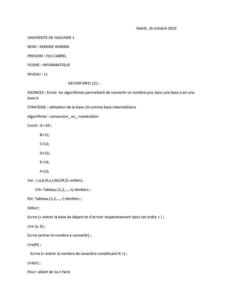 Conversion de bases numériques en INFO 121 | PDF