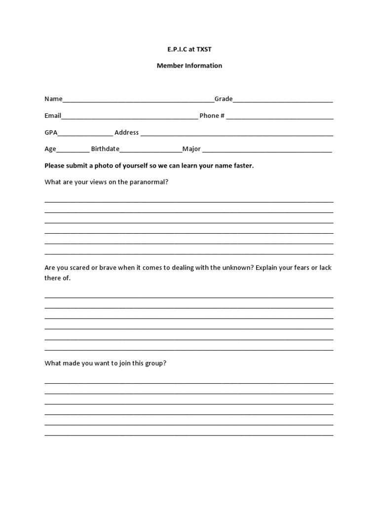 E.P.I.C Member Information Form | PDF