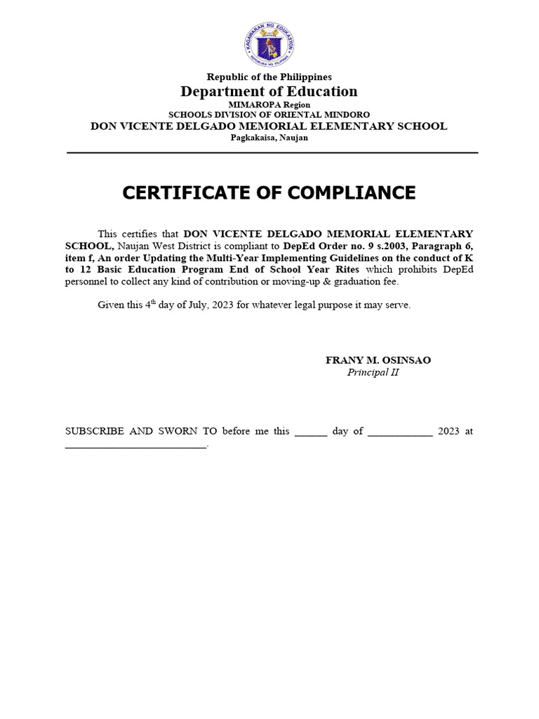 Certificate of Compliance PDF