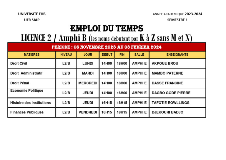 Emploi du temps L2 Droit 2023-2024 | PDF