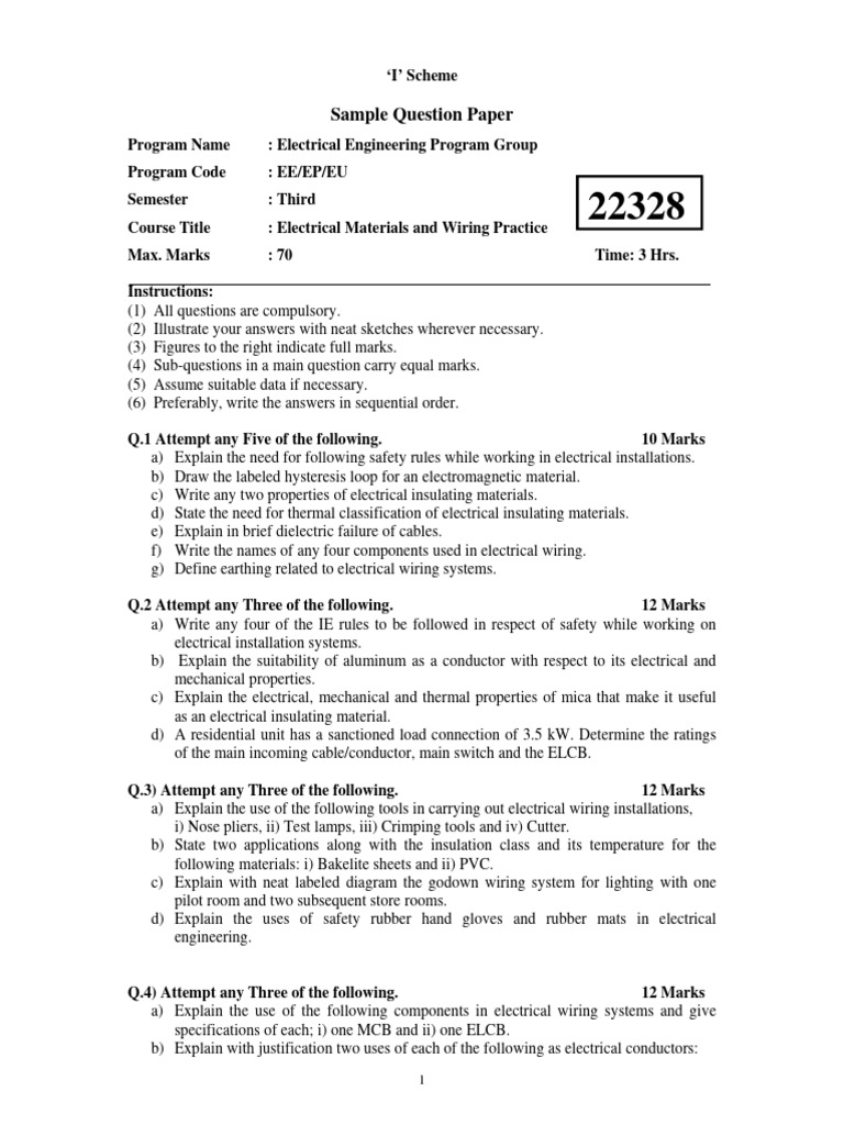 Sample Question Paper Electrical Materials and Wiring Practice PDF