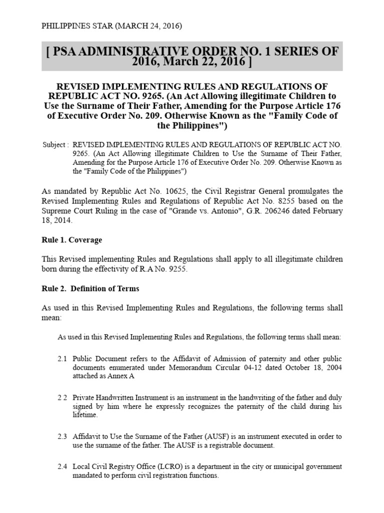 PSA Admin. Order No. 1-2016 | PDF | Birth Certificate | Consul ...