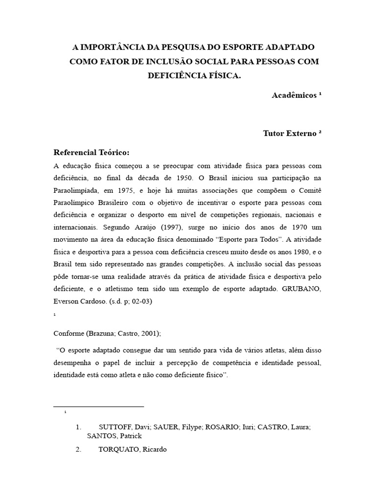 Esporte Adaptado: Inclusão e Desenvolvimento | PDF | Esportes | Deficiência