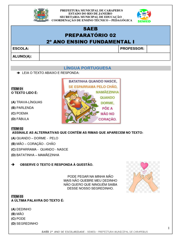 Prova Preparatória SAEB 2º Ano | PDF