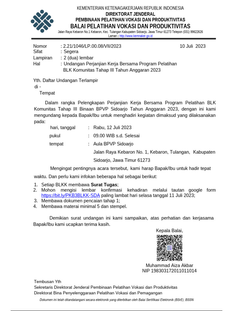 1046 Undangan Perjanjian Kerja Bersama Bantuan Program Pelatihan BLK