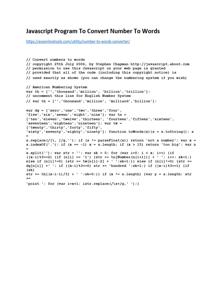 Javascript Program To Convert Number To Words | PDF