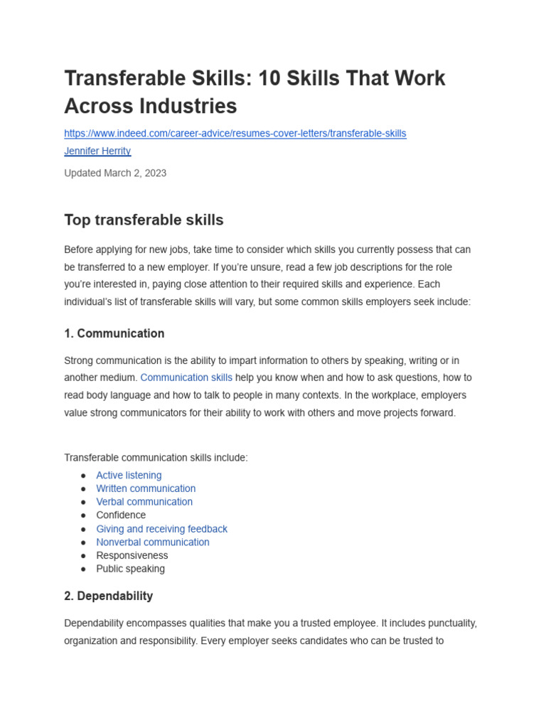 Transferable Skills - 10 Skills That Work Across Industries | PDF ...
