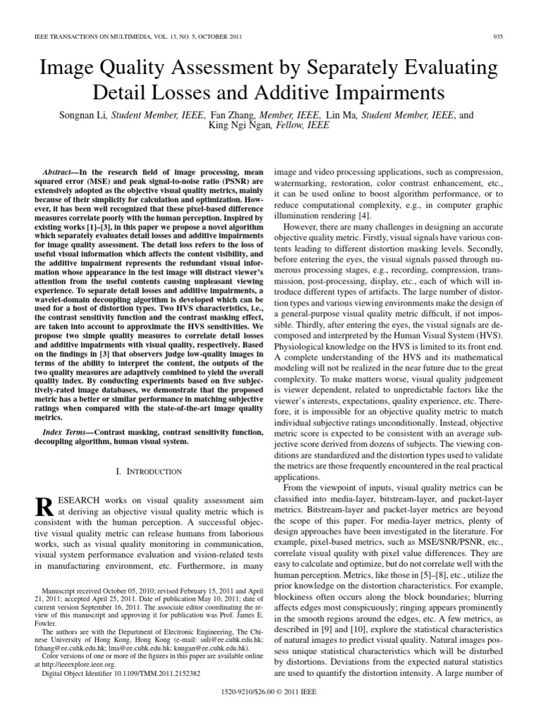 Evaluating Image Quality Metrics | PDF | Contrast (Vision) | Wavelet