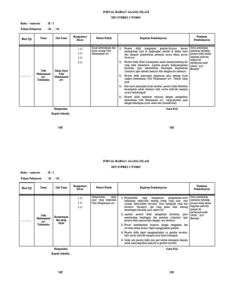 Jurnal Harian PAI Kelas 2 Semester 1 | PDF