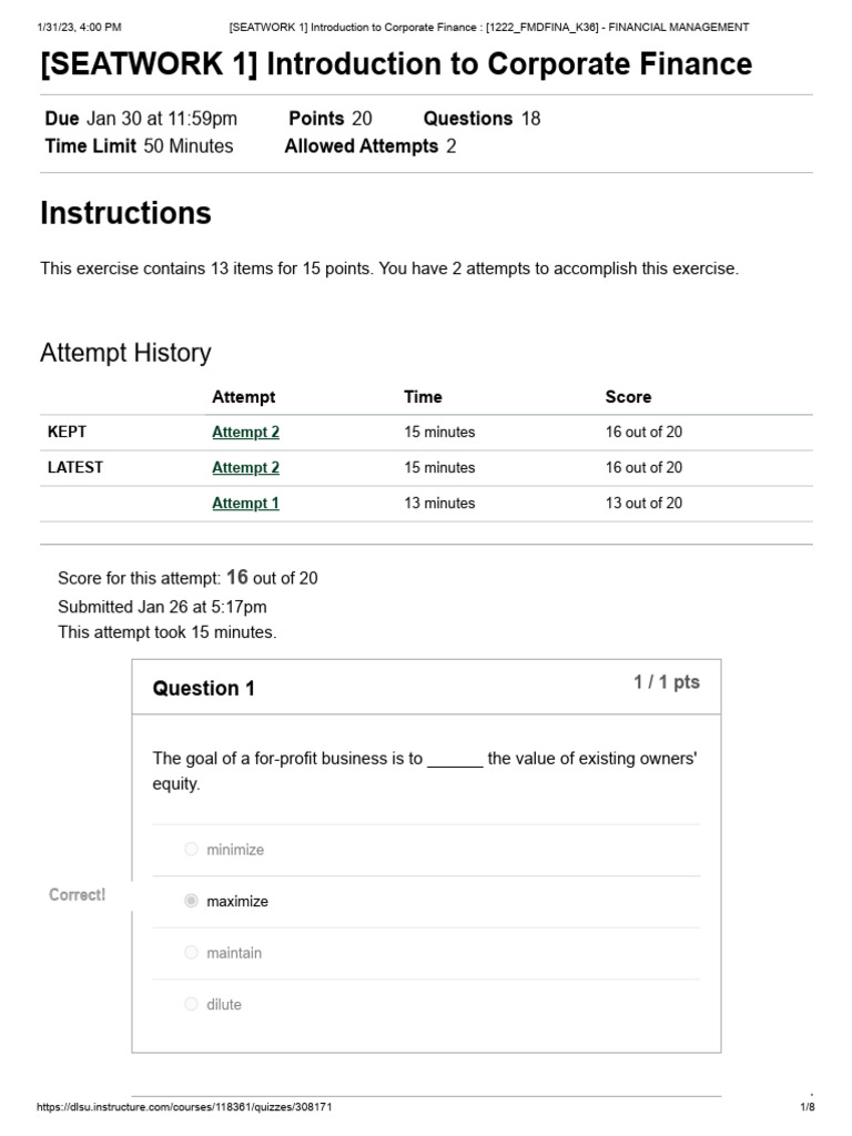 Seatwork 1 introduction to corporate finance 1222 fmdfina k36 financial