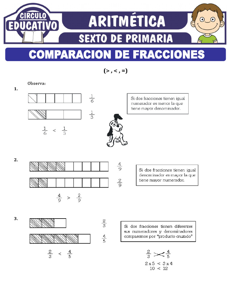 Ejercicios de Comparacion de Fracciones para Sexto de Primaria | PDF ...