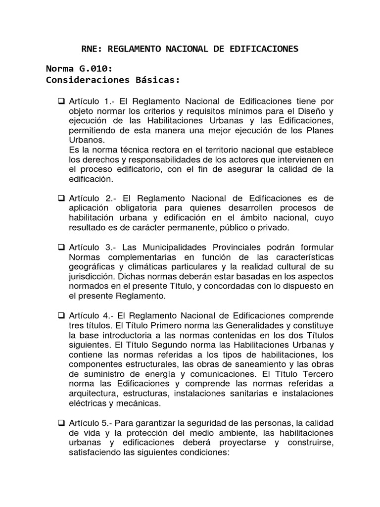 Rne: Reglamento Nacional de Edificaciones Norma G.010: Consideraciones ...