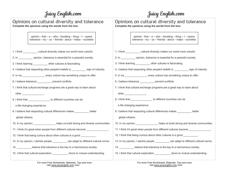 Cultural Diversity Opinion Worksheet | PDF | Toleration | Cultural ...