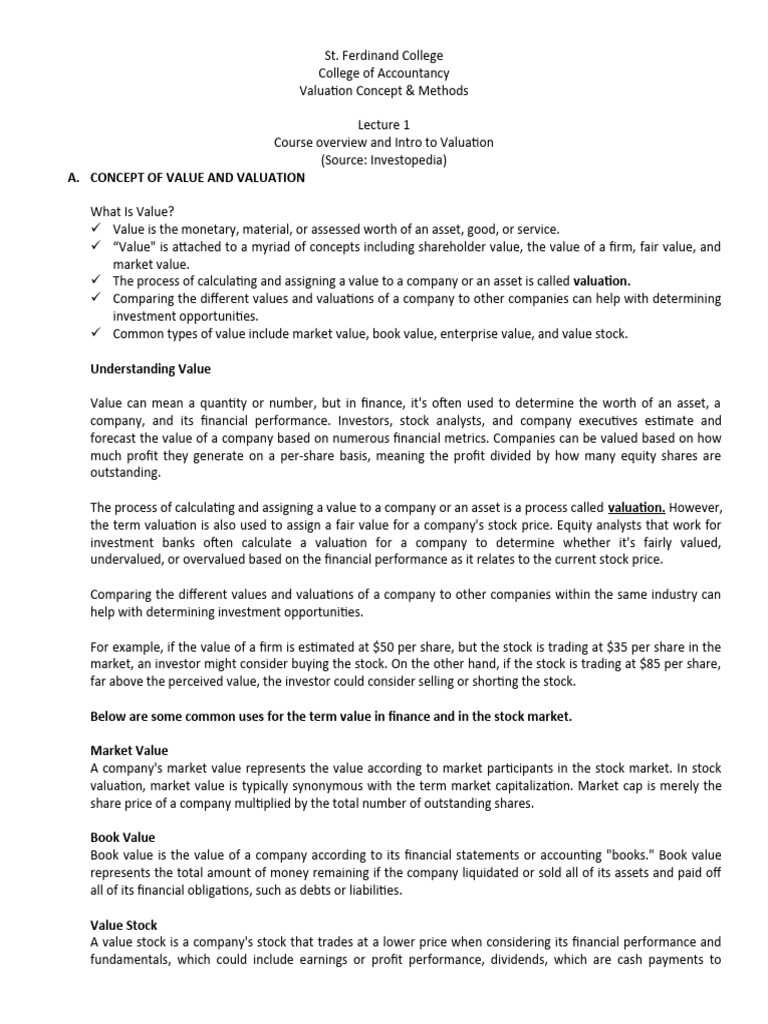 Lecture 1 Pdf Valuation Finance Stocks