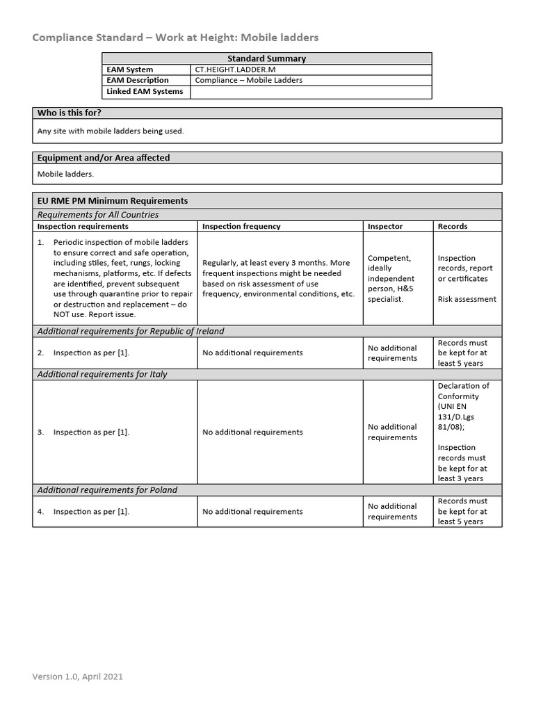 Mobile Ladders Compliance Standards | PDF | Occupational Safety And ...