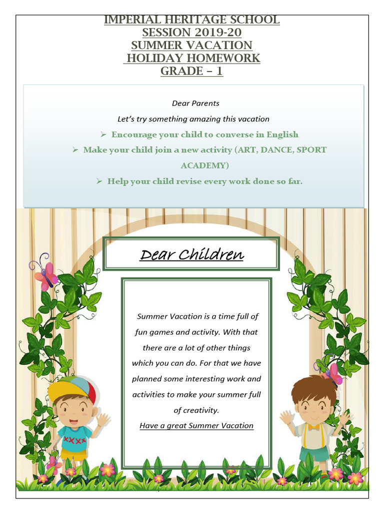 Holiday Homework Grade 1 | PDF