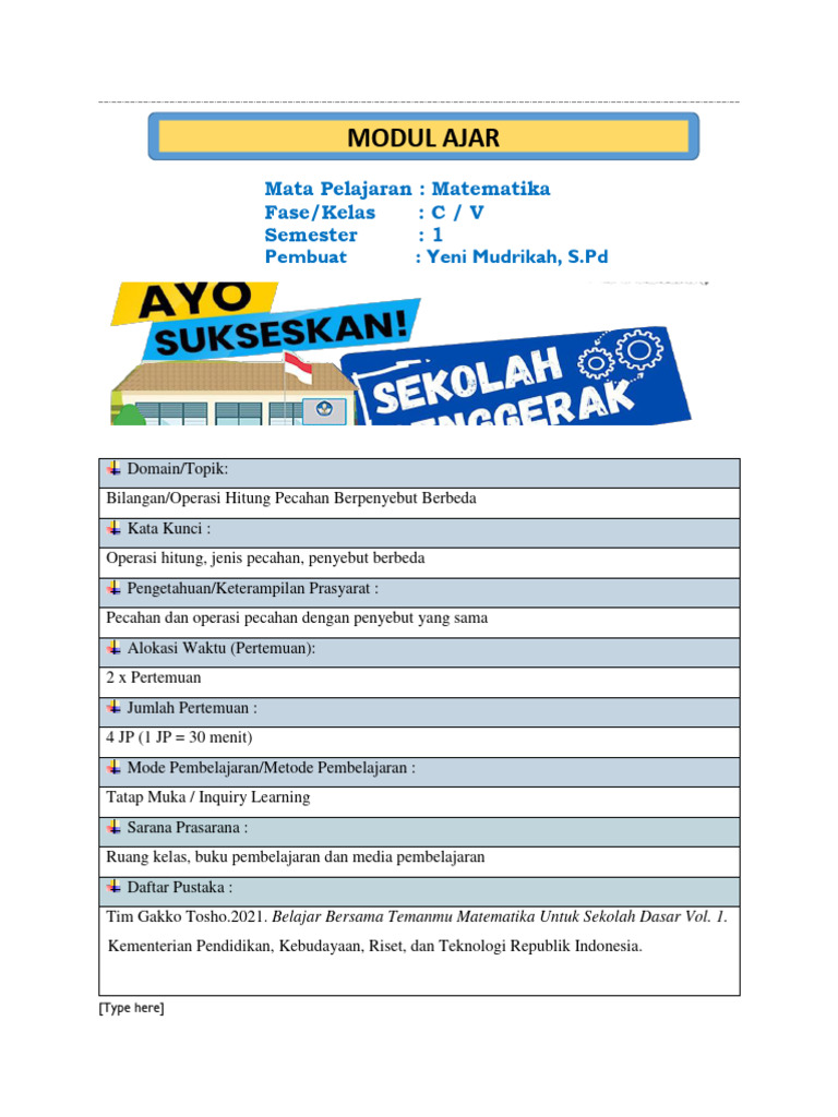 Modul Ajar Pecahan Kelas 3 SD | PDF | Metode & Bahan Ajar