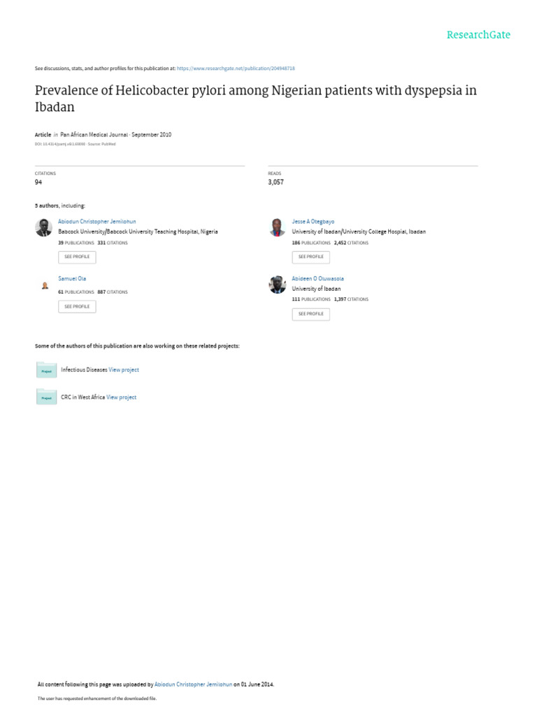 Prevalence of helicobacter pylori among nigerian patients with