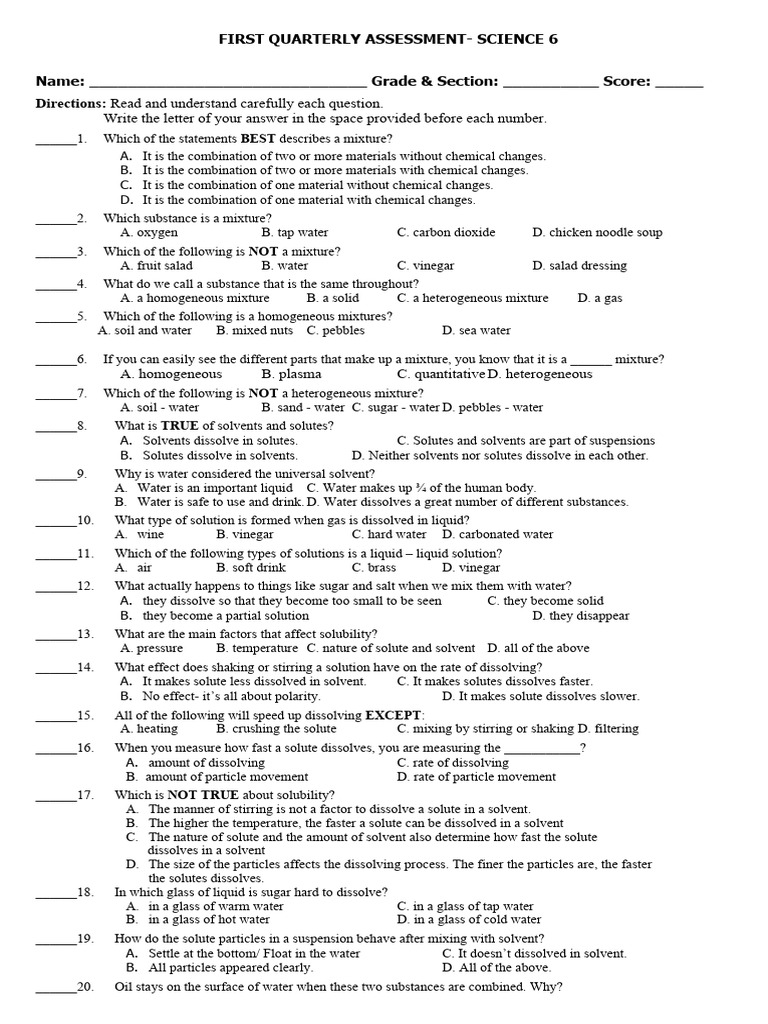6th Grade Science Mixture Assessment | PDF | Mixture | Filtration