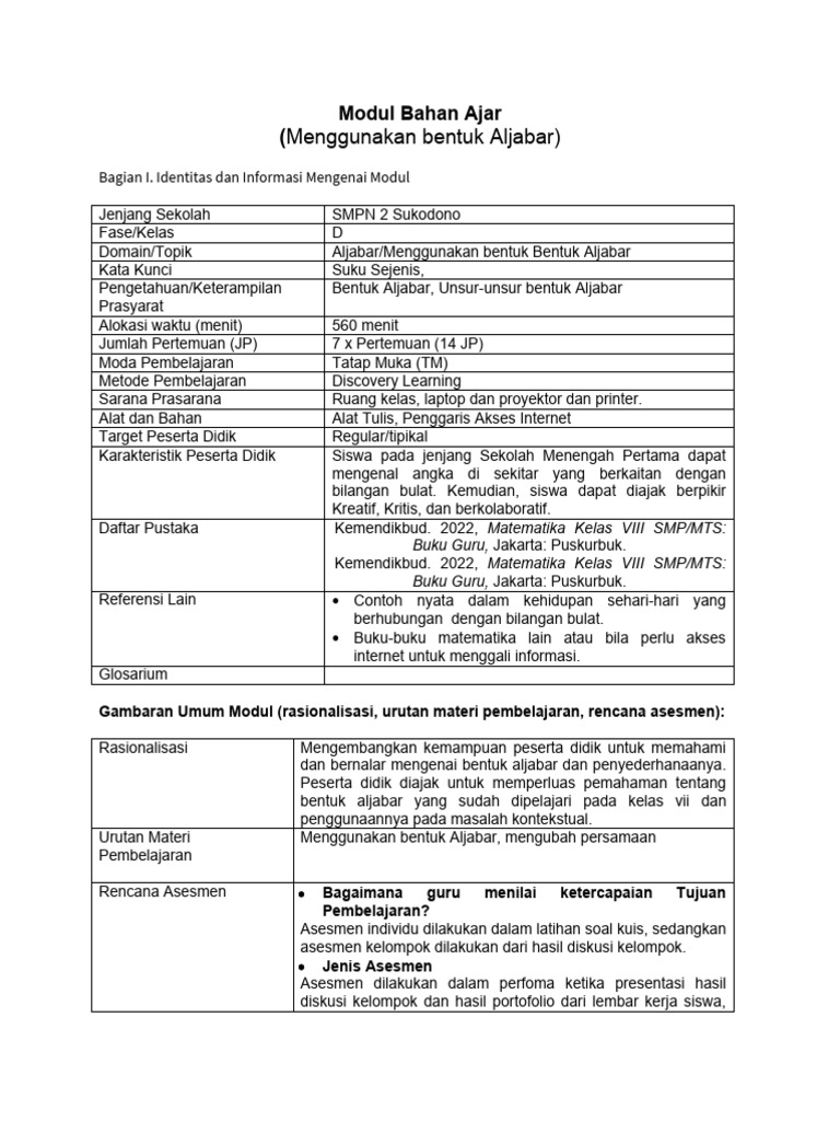 Modul Ajar Aljabar untuk SMP | PDF | Karier & Perkembangan