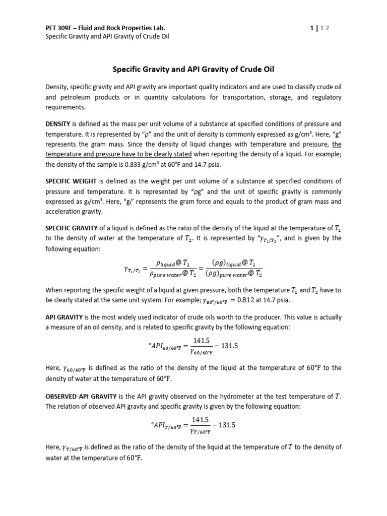 Exp1 Specific and API Gravity of Crude Oil PDF Density Pressure