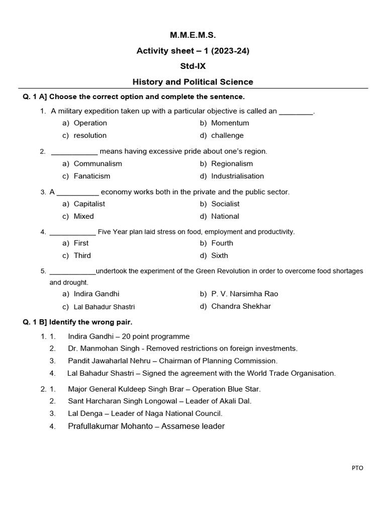 9th History Activity Sheet I PDF Economies