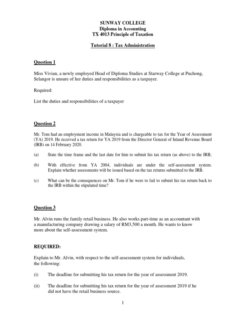 Tutorial 8 Question Tax Administration PDF Taxes Sole Proprietorship
