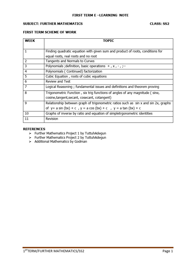 SS2 First Term Further Mathematics Plan | PDF | Trigonometric Functions ...