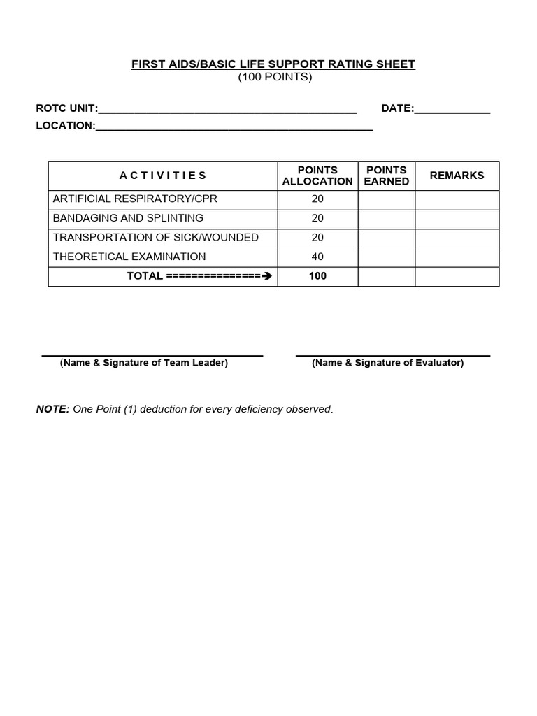 First Aids & BLS Rating Sheet (Edited) PDF