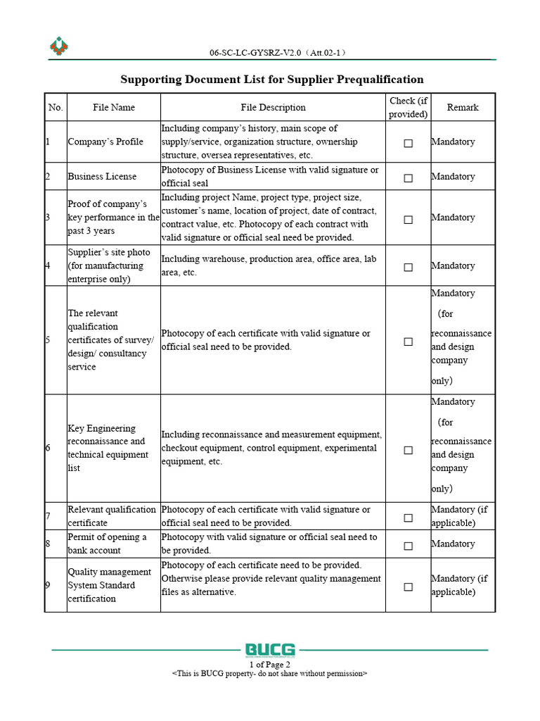 Supporting Document List For Supplier Prequalification (English Version