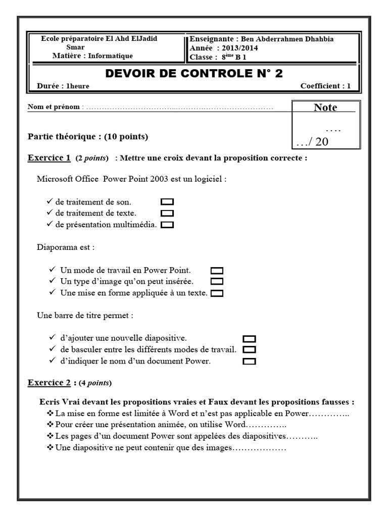 Devoir de Contrôle Informatique 8ème B1 | PDF | Microsoft Word ...