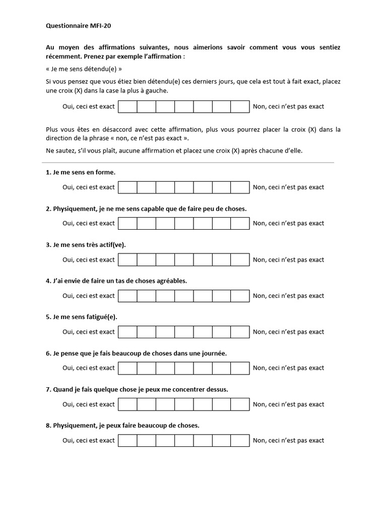Questionnaire MFI 20 - FR 7 Points | PDF | Théorie (échecs) | Échecs