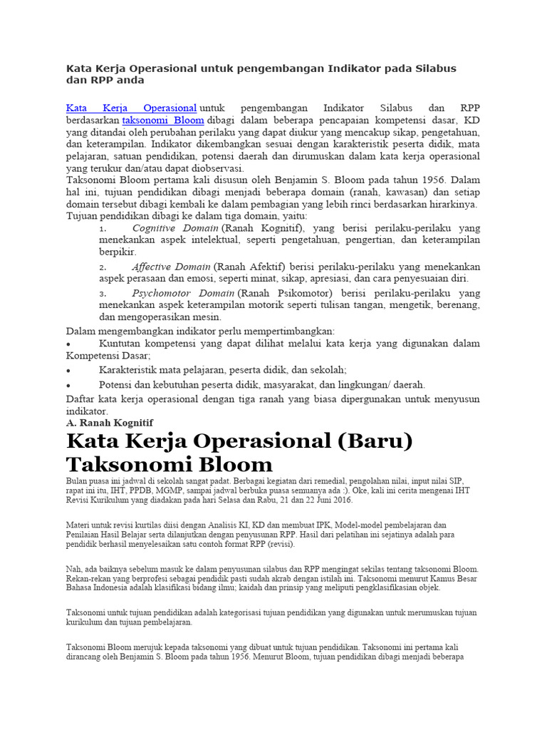 Kata Kerja Operasional dalam Indikator RPP | PDF