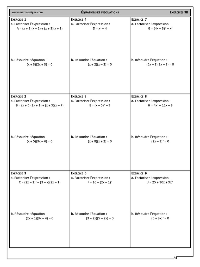 Exercices de Factorisation et Équations | PDF | Mathématiques | Algèbre